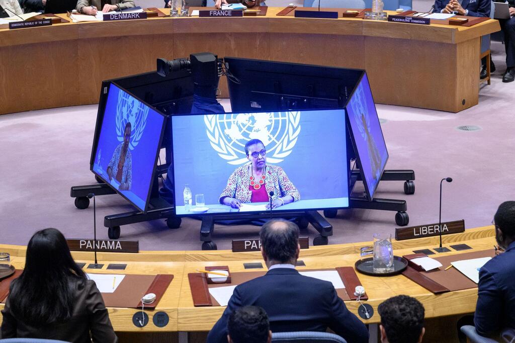 联合国秘书长中非共和国问题特别代表兼中非稳定团团长鲁格瓦比扎（荧幕上）在安理会关于该国局势的会议上发言。